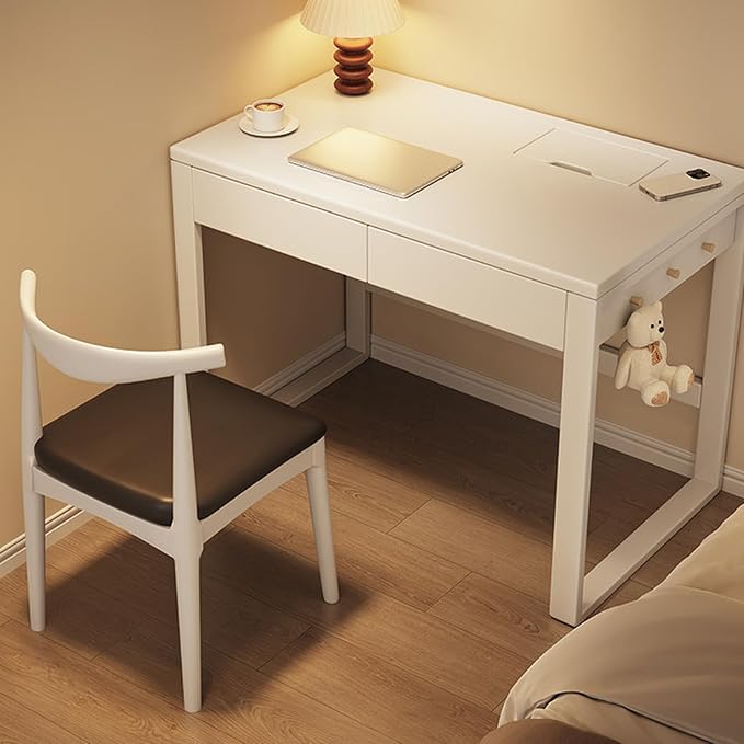 2-Drawer Writing Desk, Mid Century Modern Desk with Cable Management Box, Small Wooden Vintage Computer Desk, Study Table for Home Office(80x55x75cm, White)
