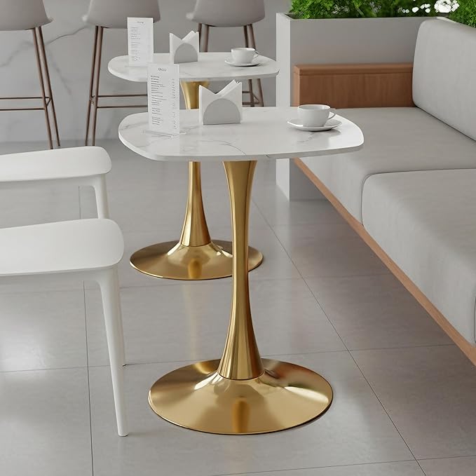 Small Square Dining Table,24" Tulip Table with Metal Pedestal,15-Minute Quick Assembly,Mid Century Modern Leisure Table for Kitchen Small Places Cafe (Faux Marble White Gold)