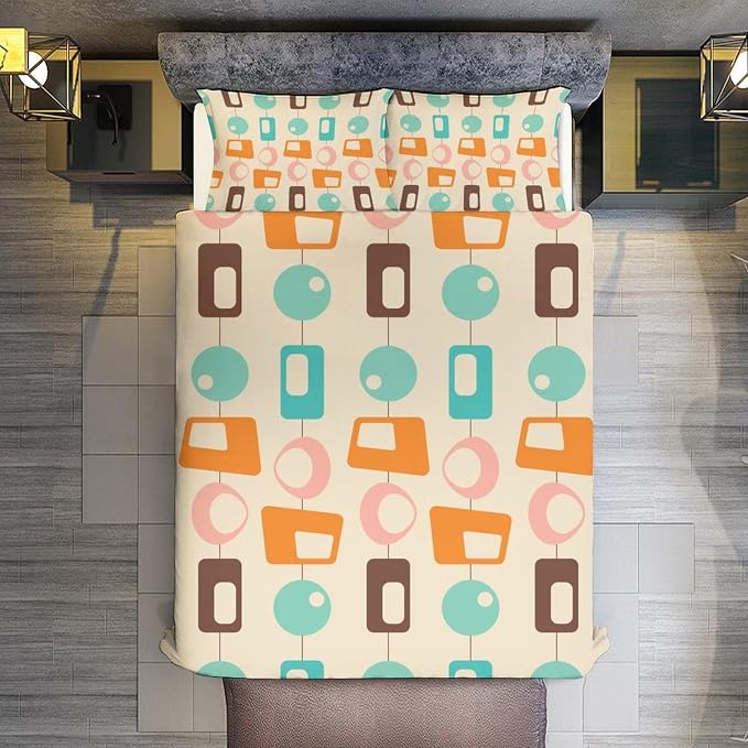 Colorful Aesthetic Comforter Cover Geometry Bed Set, Retro Atomic Duvet Cover，Modern Mid Century Bedding Sets，Aesthetic Abstract Art Bedding 3 Piece (1 Duvet Cover 79"x90" + 2 Pillow Sham 20"x30")
