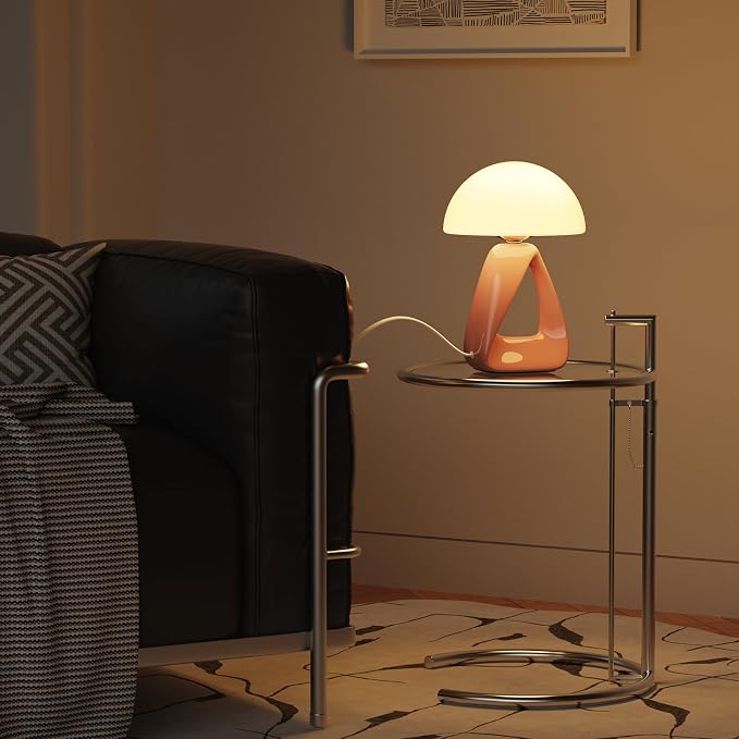 Mushroom Lamp, Small Table Lamp for Bedroom, Creative Geometric Ceramic Base Bedside Lamp, Mid Century Modern Side Table Lamp for Living Room Nightstand, Unique Aesthetic Home Decor Gift Ideas, Pink