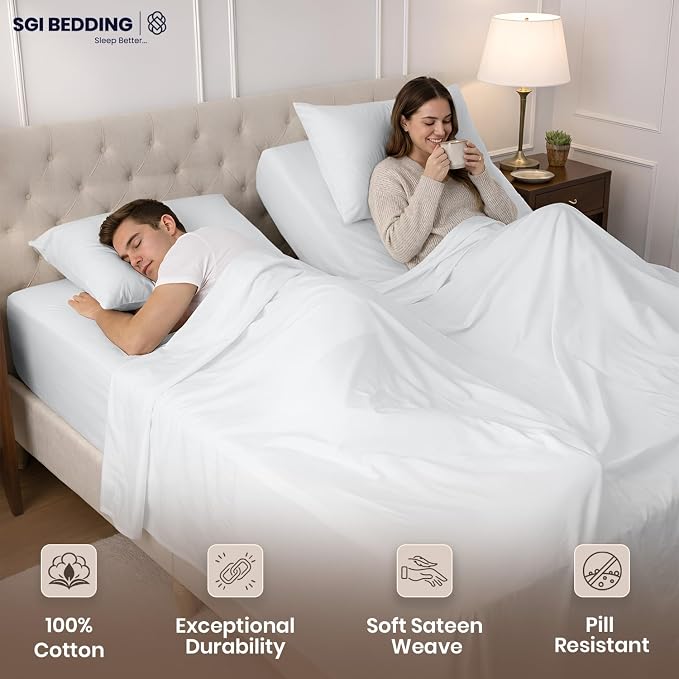 SGI Split King Sheet Set for Adjustable Bed Egyptian Premium Cotton 600 Thread Count Sheets for Sleep Number Bed 15" Deep Pocket 5 Pc Set with 2 Twin XL Fitted Sheets Soft Breathable - White