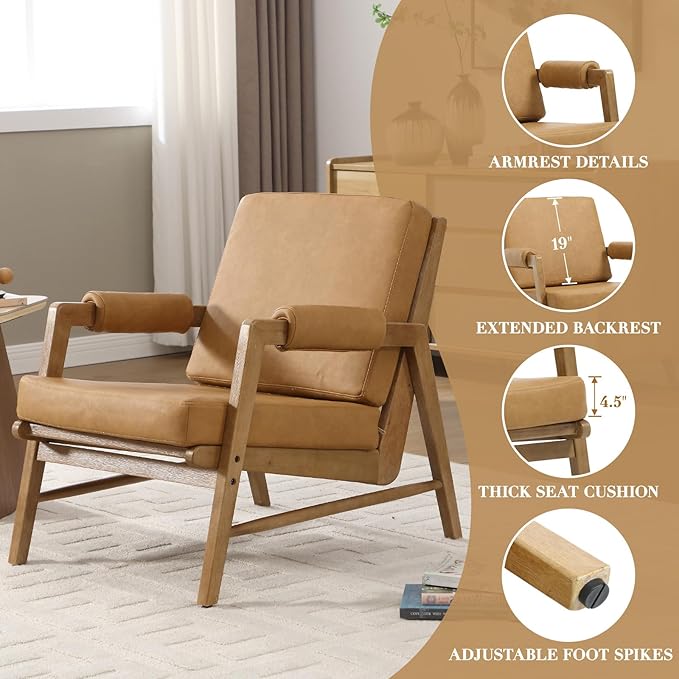 CIMOTA Mid Century Modern Accent Chair, Leather Upholstered Living Room Chairs with Arms, Comfy Reading Chair with Solid Wood Frame, High Back for Bedroom, Waiting Room, Office, Brown