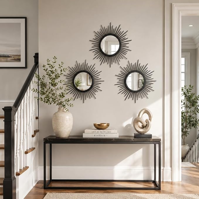 Black Sunburst Mirror Set of 3, 3PCS Metal Round Decorative Wall Mirrors, Starburst Accent Mirror Wall Decor for Living Room, Entryway, Bedroom & Hallway