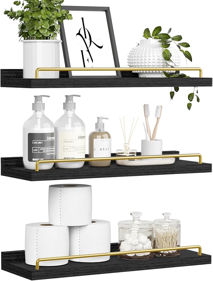 Floating Shelves for Wall Decor, Black and Gold Shelves for Bathroom, Living Room, Bedroom, Picture Frames, Plants, Kitchen (Set of 3)
