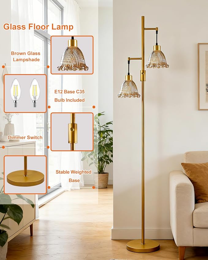 2-Light Modern Glass Floor Lamp, Gold Tall Standing Lamp with Amber Bell Glass Shade for Reading, Dimmable LED Floor Lamp with 5Lbs Heavy Base for Living Room Bedroom Home Decor, Bulb Included