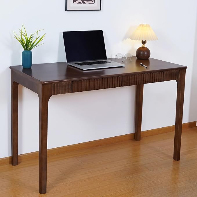 Solid Wood Desk with Drawer, Small Writing Desk for Small Spaces,Gaming Study Home Office Workbench woodenDesks for Work, 39 inch Wooden Computer Desk for Bedroom Walnut Color
