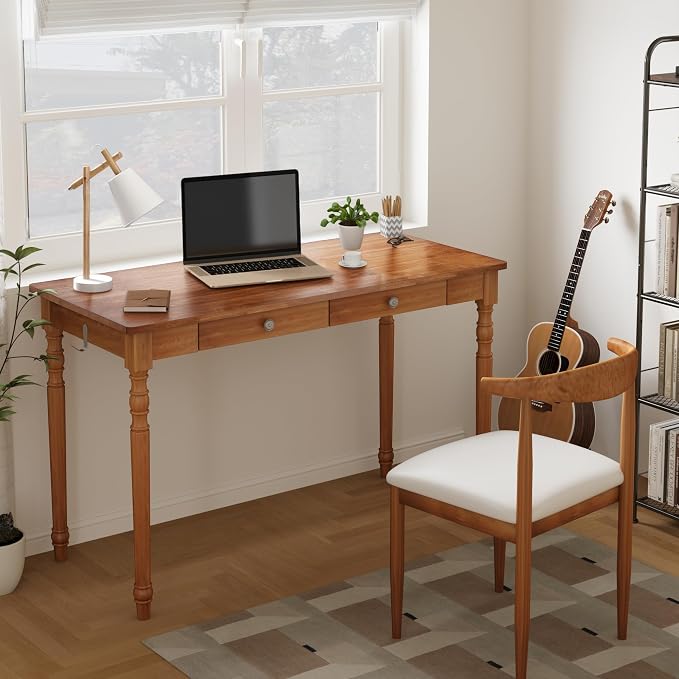 White Solid Wood Desk with 2 Drawers, 47" Mid Century Modern Desk,Wooden Writing Desk Computer Table for Home, Office, Bedroom, Living Room