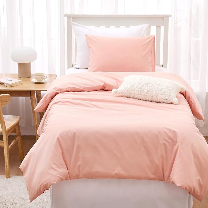 Wake In Cloud - Cotton Duvet Cover Set, 100% Washed Cotton, Linen Like Textured, Breathable Durable Comfy Farmhouse Neutral Bedding Set, 3 Pieces, Pink, Twin/Twin XL Size