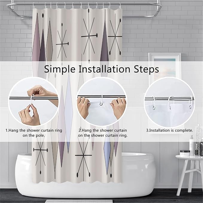 Mid Century Shower Curtain Abstract Purple Diamond Geometric Atomic Starburst Pattern Beige Backdrop for 1950s Retro Bathroom Decor Accessories Shower Curtain Set with 12 Hooks, 72x78 Inches