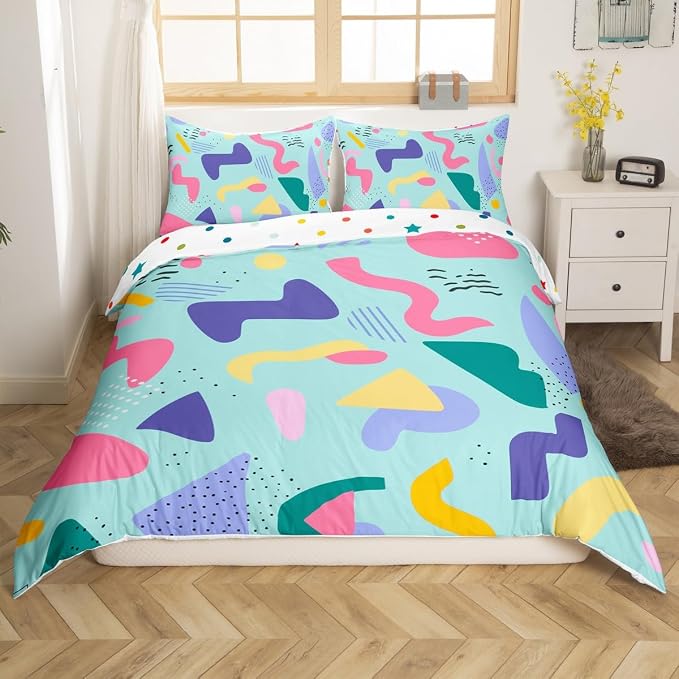 Rainbow Cow Print Bedding Set Memphis Pattern Old Fashioned Comforter Cover King,Geometric Abstract Colorful Dots Duvet Cover 80s 90s Retro Bed Set,Multicolor Vintage 80'S Style 1980S Home Decor