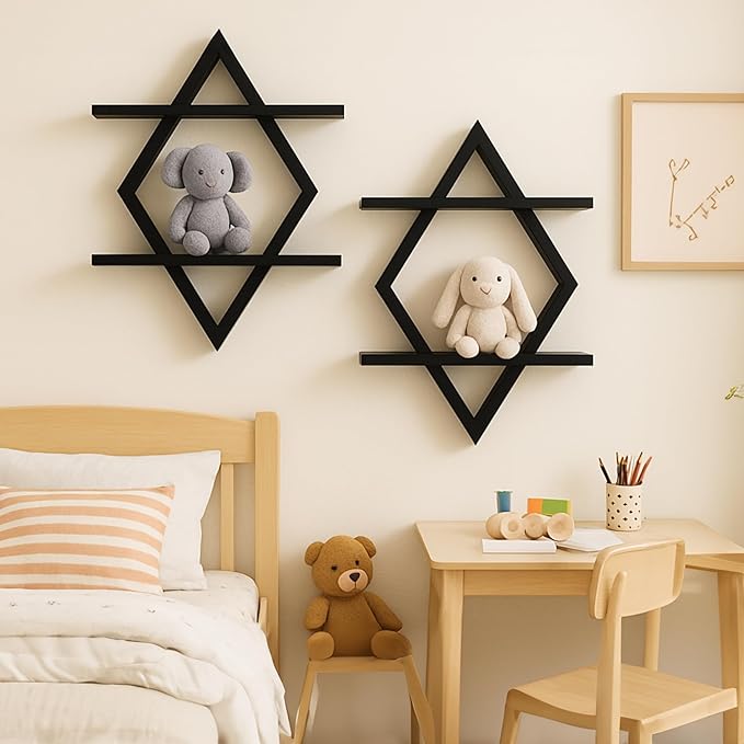 Floating Shelves for Wall,Decorative Wall Shelf,2 Tier Hanging Shelf for Plants Storage Display Holder,Indoor Decor for Living Room Home Office Bathroom Bedroom,Solid Wood,Diamond Shaped,2 Pack,Black