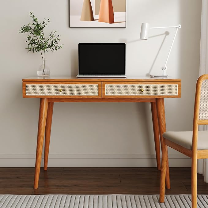 Mid-Century Modern Solid Wood Desk with Drawers – 45 inch Small Boho Rattan Writing Desk for Home Office, Minimalist Design Natural Wood Legs Table for Workspace Elegance