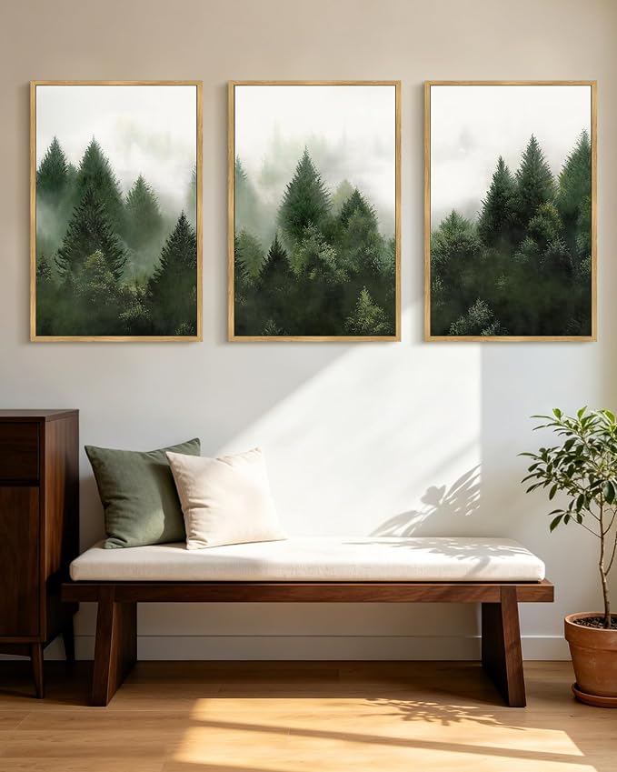 KUVIOKE Morden Green Fog Pine Tree Framed Canvas Wall Art Nature Nordic Forests Artwork Painting Bedroom Decor 24x36in (Natural Framed)