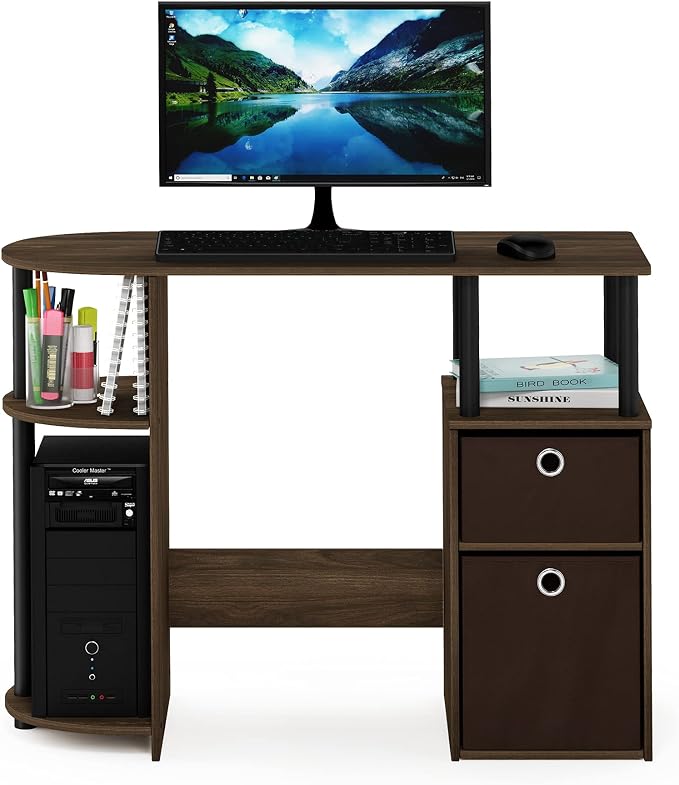 Furinno JAYA Desk, 38.4" Wide Gaming Desk with Bin Drawers, Computer Desk with Side Shelf, Office Desk for Study, Home Office, Bedroom, Dorm, Study Room, Columbia Walnut
