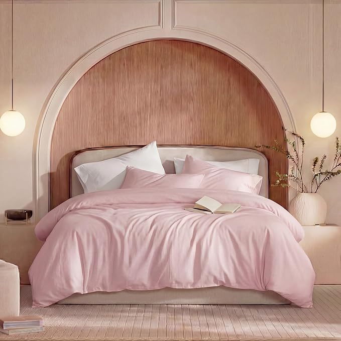 100% Washed Cotton Duvet Cover King Size – Pink, Linen-Like Texture, Super Soft & Breathable Bedding Set, 3-Piece Durable Percale Comforter Cover