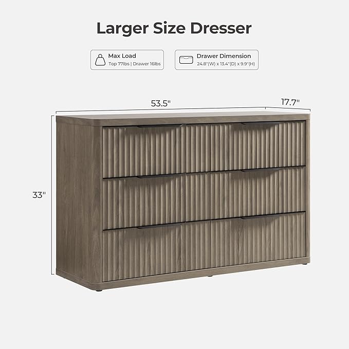 SICOTAS Dresser for Bedroom 107" Wide 6 Drawer Dressers & Chests of Drawers for Closet Long Large Modern TV Stand Set for Clothes Storage Fluted Clothes Closet for Hallway Entryway, Grey Alder