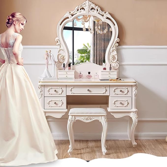 Dressing Table,Vanity Desk with Drawers and Cushioned Stool,Makeup Vanity Table Set with Mirror and Light,European Retro(A)