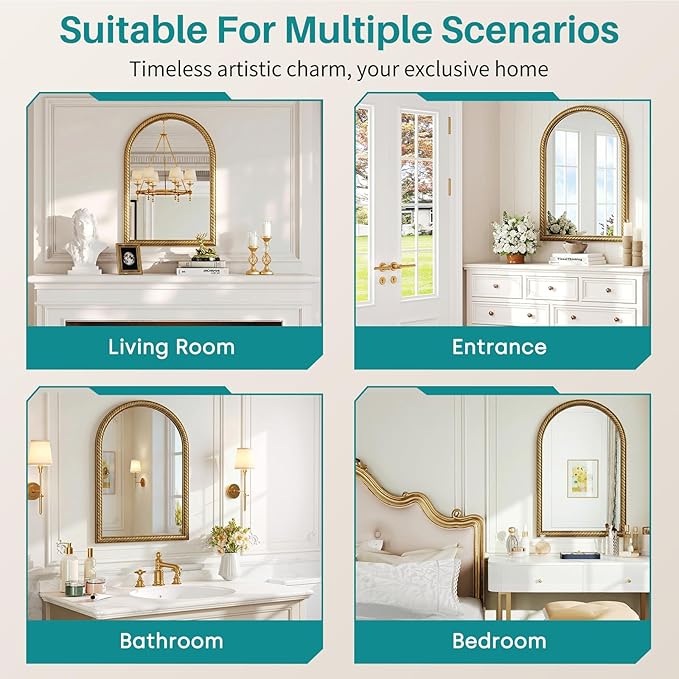 Arched Wall Decor Mirror - 24"X36" Retro Gold Large Vintage Rope-Like Metal Framed Mirror for Wall Decor, Vanity Mirrors for Bathroom, Living Room, Bedroom, Fireplace
