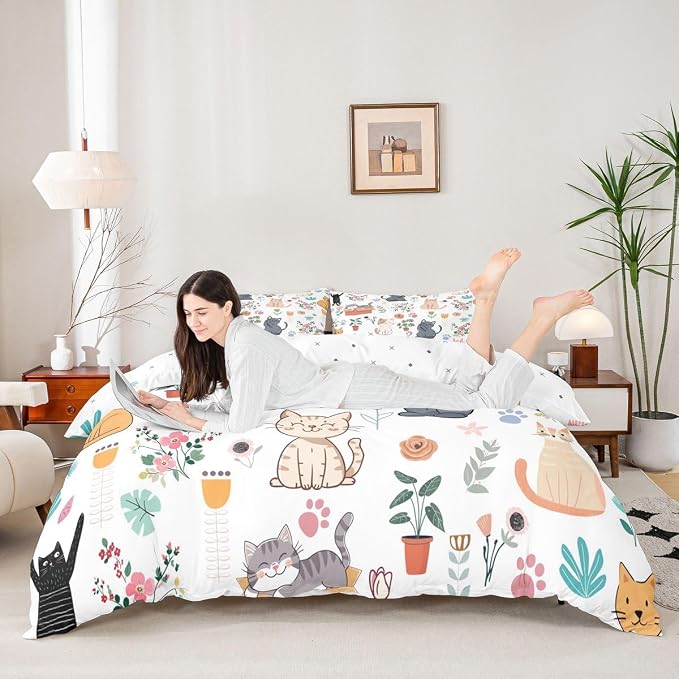 Erosebridal Cute Cat Duvet Cover Full Floral Cats Lovers Bedding Set Lovely Kitten Pet Animals Comforter Cover for Kids Girls Boys Adults Botanical Aesthetic Bed Set