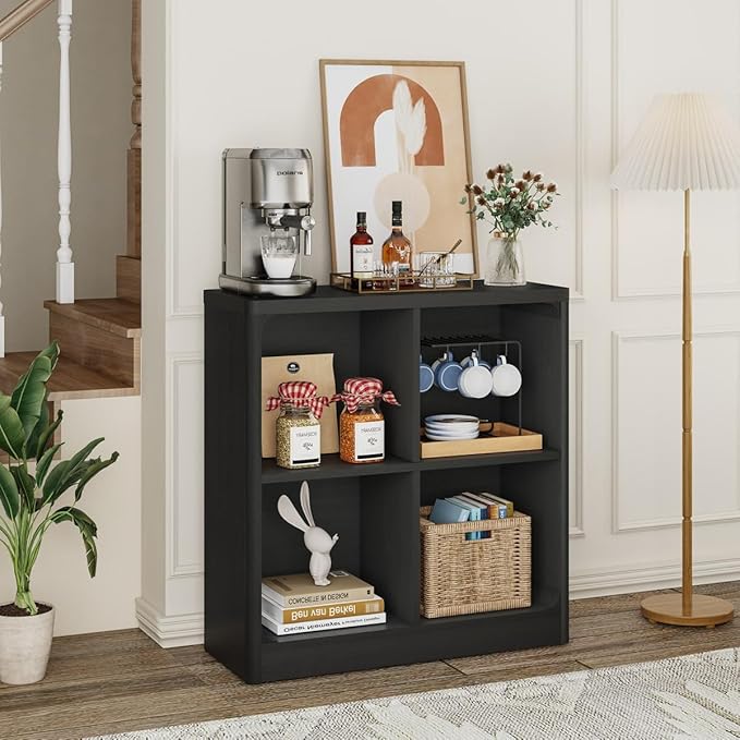 FATORRI 4 Cube Storage Bookcase, Rustic Wood Cube Bookcase Shelf Organizer, Small Storage Bookshelf for Living Room, Bedroom, Office (Black, 29.53" W)