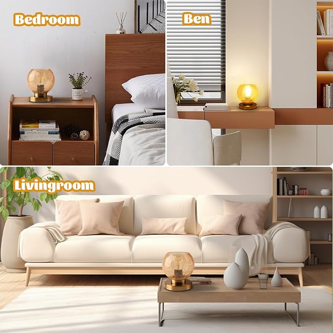 Modern Table Lamps Gold Desk lamp with Amber Crackled Glass Shade Globe Table lamp Art Deco lamp nightstand lamp Small Table lamp for Bedside Bedroom Living Room Office