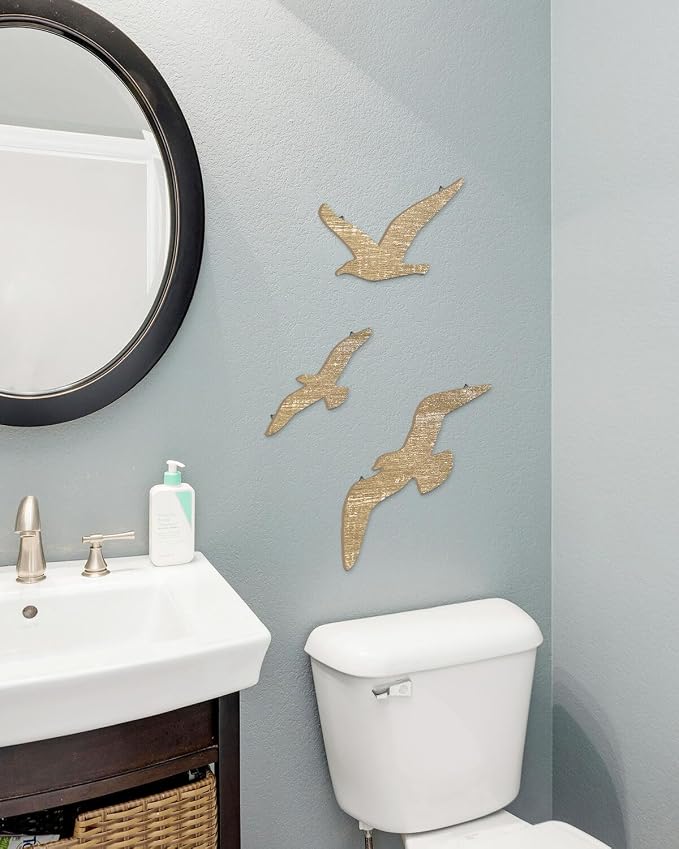 Putuo Decor Wooden Seagull Art Wall Decor Set - Rustic Coastal Birds Wall Sculptures with Metal Hooks, Farmhouse Cottagecore Accents for Beach House Bathroom Ocean Inspired Decor