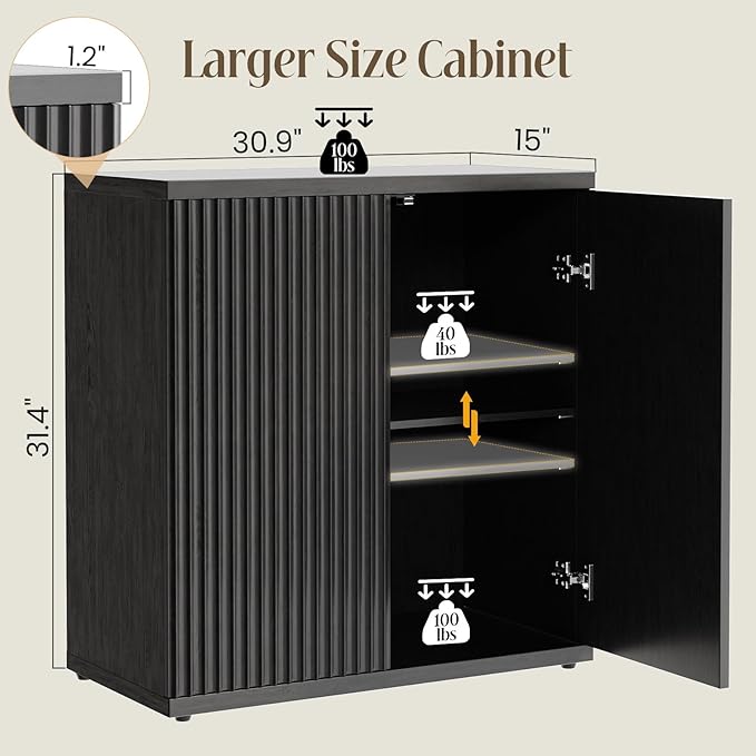 Fluted Buffet Cabinet Sideboard with Storage,Wooden Credenza with 2 Doors&Adjustable Shelve, Modern Accent Cabinets Coffee Bar Bookcase for Living Room,Kitchen Dining Room Entryway 15"D Black
