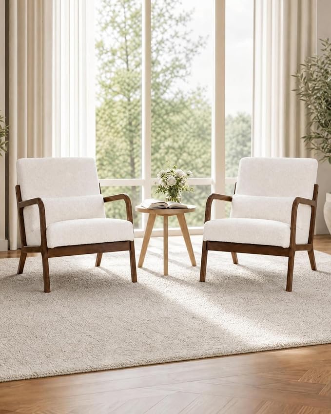 Garvee Mid-Century Modern Accent Chair, Sherpa Upholstery, Solid Wood Armchair with Removable Lumbar Pillow, Sturdy Reading Chair for Living Room, Bedroom, Guest Room, Easy Assembly, Beige