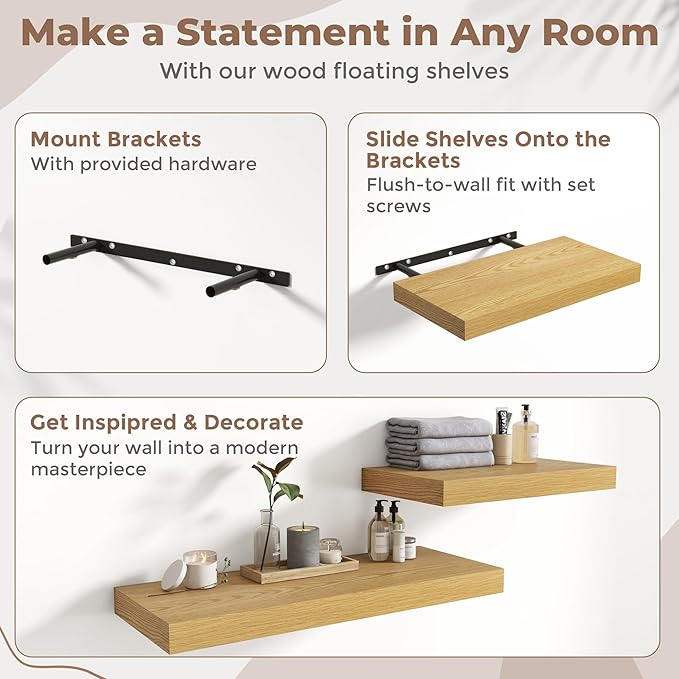 36 Inch Floating Shelves for Wall Set of 2, 12"D Wood Grain Bathroom Shelves with Invisible Brackets, Easy Install Engineered Wood Storage Shelves for Kitchen, Living Room, Bedroom, Oak Finish