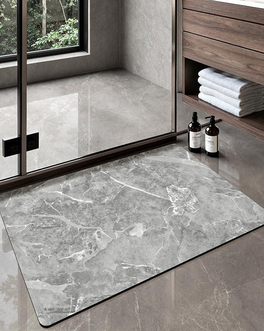 Color&Geometry Gray Marble-Patterned Ultra-Thin Bathroom Rug, Non Slip, Washable and Quick Dry Shower Mat, 17"x30" Small Luxury Shower Mat for Bathroom Floor/Outside Shower