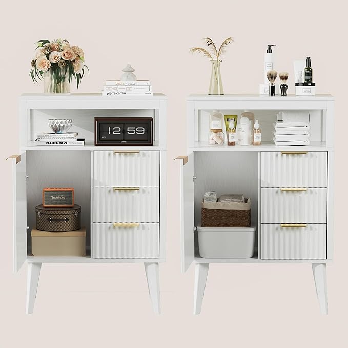 White Bathroom Floor Cabinet with 3 Fluted Drawers & Door, Modern Storage Sideboard with Open Shelf, Coffee Bar Station for Living Room, Entryway, 23.6 x 11.8 x 34.6 Inches