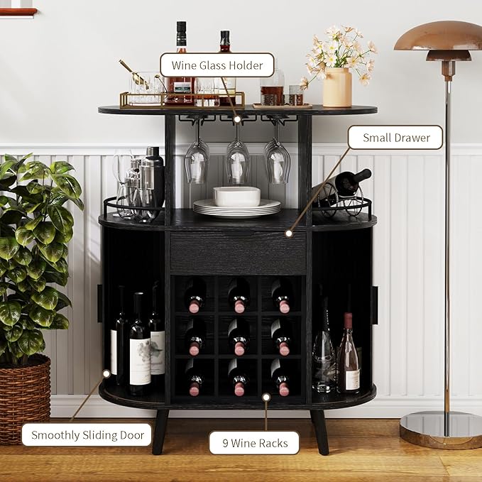Wine Bar Storage Cabinet, Coffee bar Cabinet for Liquor with Open Wine Rack & Sliding Doors, Modern Home Bar for Living Room, Kitchen, Dining Room（Black