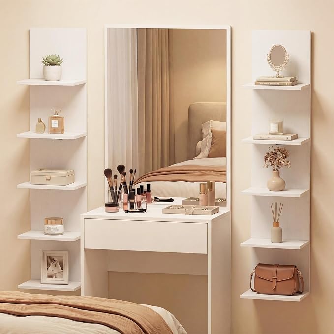 GOFLAME 5-Tier Wall Shelf, Wooden Display Floating Shelves, Wall Mounted Bookshelf Shelving Unit, Modern Storage Organizer Vanity Shelves for Living Room, Bedroom, Home Office (2,White)