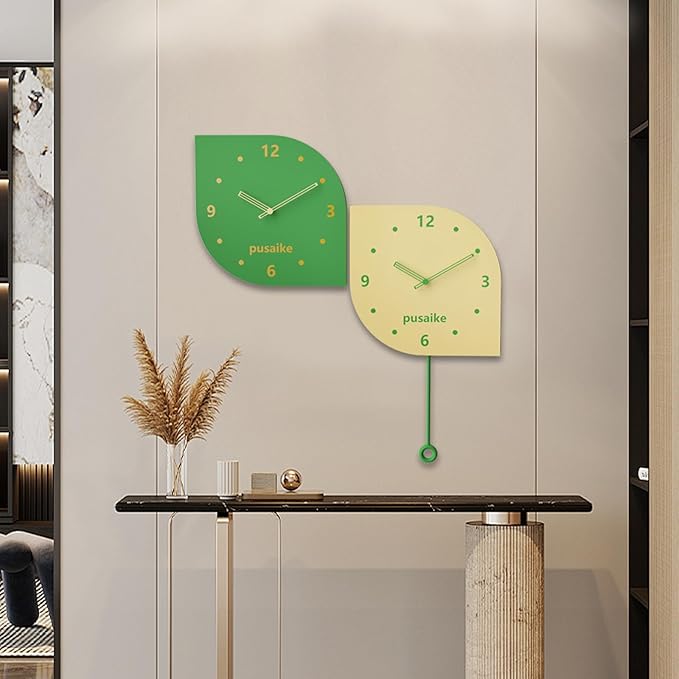 Cute Green Yellow Silent Corner Wall Clock Non Ticking for Living Room, 12 inch Mid Century Modern Decorative Double Sided Clock for Wall Battery Operated, Unique Metal Fancy Clock Wall Decor