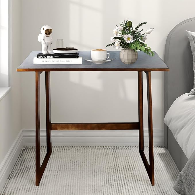 Solid Wood Folding Desk Mid Century Modern Table, 47'' Foldable Writing Computer Desk for Home Office, Simple Study Makeup Workstation, Wooden Study Office Desk Table for Small Spaces