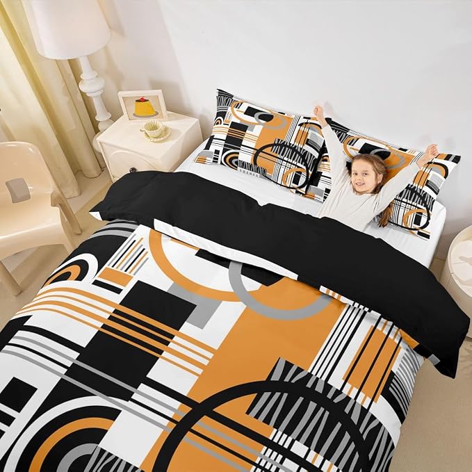 Erosebridal Art Deco Mid Century Duvet Cover Set Retro Modern Abstract Geometric King Bedding Set for Adult Men Black and White Yellow Circles Stripes Comforter Cover Contemporary Bed Sets
