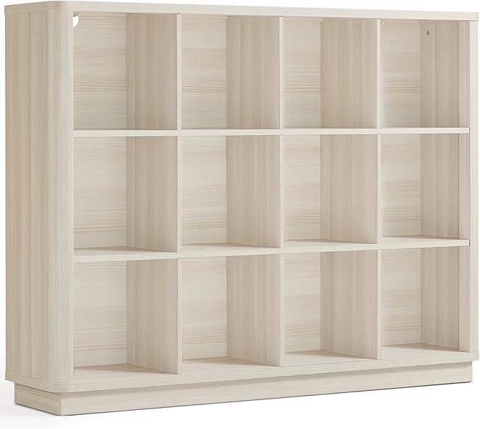 Joaxswe 12 Cube Storage Organizer, 41" Large Bookshelf with Curved Edge, Wood Floor Standing 3-Tier Cubby Bookcase w/Base, Modern Display Storage Cabinet for Living Room, Office, Gray-White Cream Oak