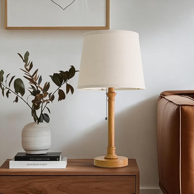 Oneach 19.5" Small Table Lamps Set of 2, Pull Chain Switch Bedside Table Lamps, Modern Nightstand Lamp with Linen Shade, Rustic Lamp for Living Room, Bedroom, Home Office, Nursery