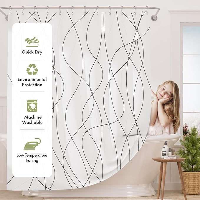 AmazerBath Shower Curtain, Rustic Abstract Black Striped Cloth Shower Curtain Sets with 12 Metal Shower Curtain Hooks, Luxury Washable Farmhouse Fabric Shower Curtains for Bathroom Decor, 72x72 Inches