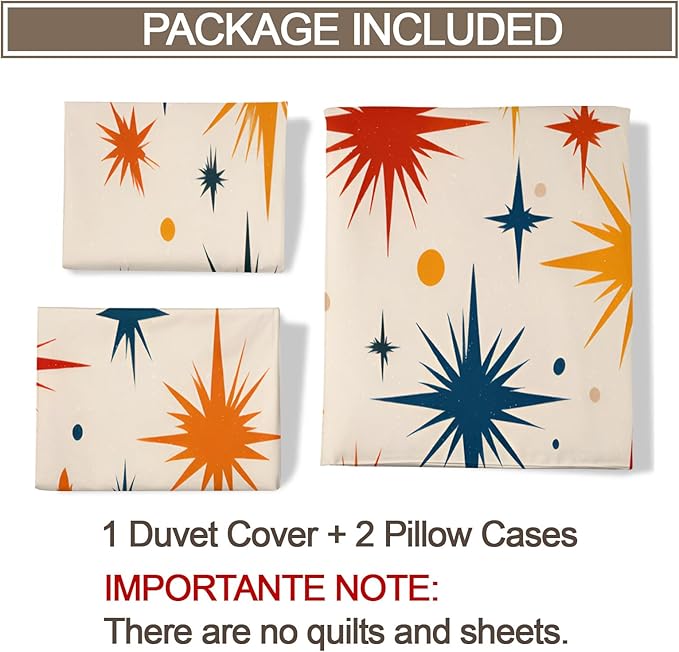 Retro Atomic Duvet Cover Oversized King, Vintage 50s Mid Century Bedding Set 3 Piece Bedroom Decor Abstract Star Patterned Comforter Cover with Zipper Ties & 2 Pillowcases