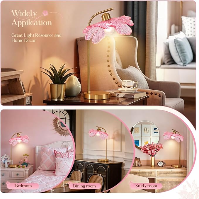 Pink Glass Table Lamps Mid Century Modern Table lamp Gold Desk lamp Tall Table Lamp Touch Nightstand Lamp with Flower Design Bedside Table Lamp for End Table Side Living Room Girl's Room