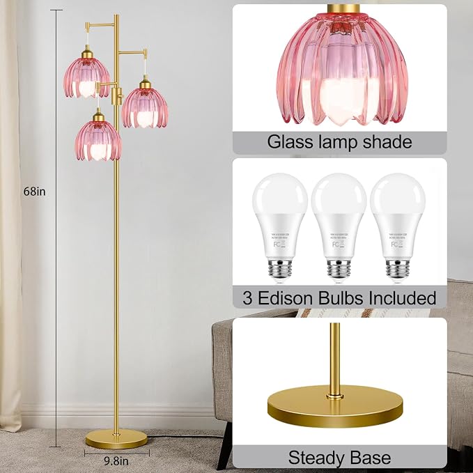 ZECOXOL Gold Floor Lamps for Living Room Vintage Pink Floor Lamp with Glass Lmapshape & Three Led Bulb,Dimmable Mid Century Modern Standing Lamp Tall Tree Flower Floor Lamps for Bedroom,Office,Corner