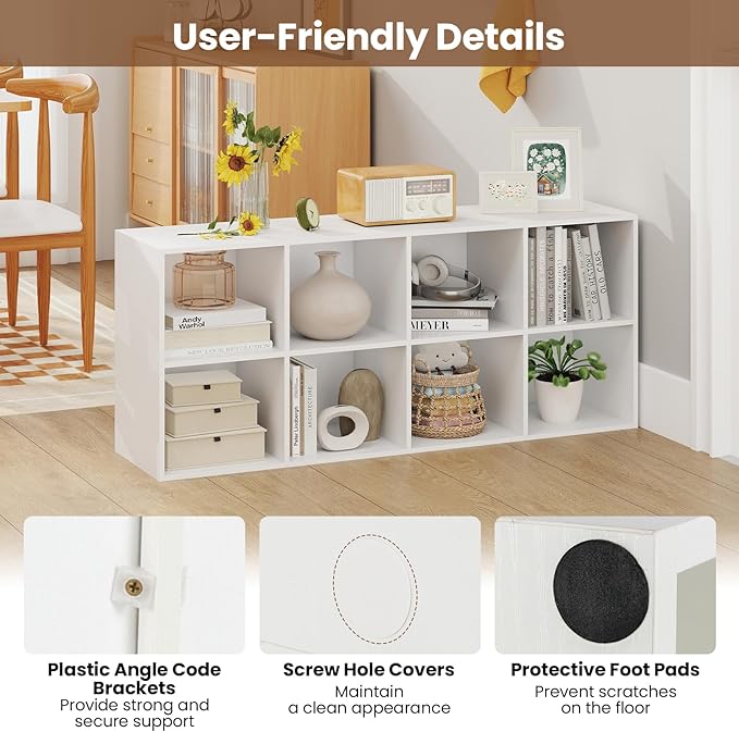 DREAMADE 8 Cube Storage Organizer, 2 Tier Multipurpose Display Shelf w/Open Storage & 2 Anti-Tipping Kits, 8-Cube Wooden Bookcase for Living Room, Bedroom, Study, Home, Office (White)