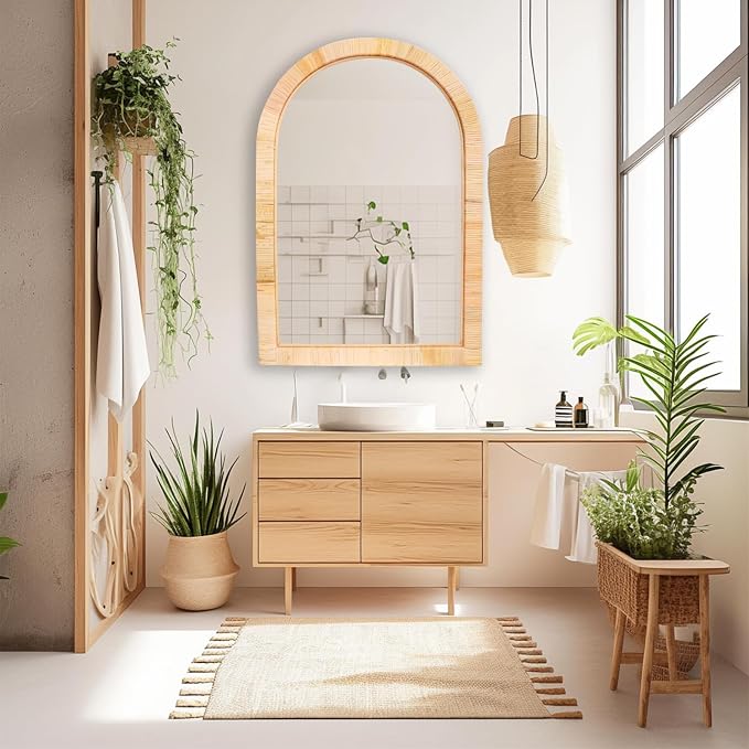 Rattan Mirror,Arch Boho Bathroom Mirror for Wall,20x30 Wicker Vanity Mirror for Nursery Décor,Coastal Farmhouse Wood Mirror for Bedroom Entryway Living Room