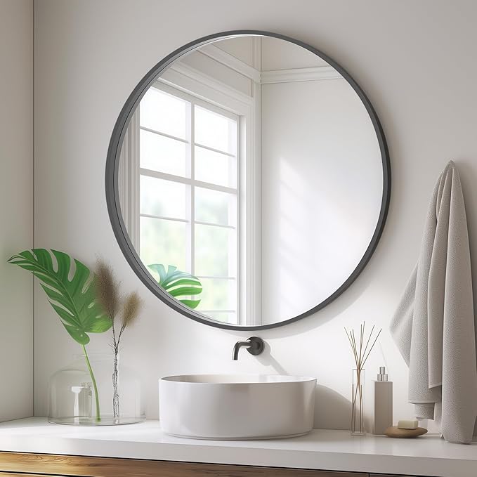 HOMECOOKIN Black Round Mirror Wood Framed 28 inch Circle Wall Mirror for Bathroom Round Wall Mirror for Wall Decor, Vanity, Living Room