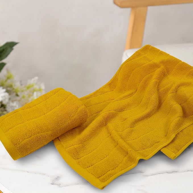 Jacquotha Wavy Striped Cotton Hand Towels, Set of 4, Dry Your Hand Instantly, 13x29 Inches, Mustard Kitchen Bathroom Towel
