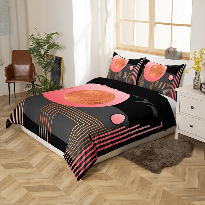 Erosebridal Pink and Black Abstract Boho Duvet Cover Full Size Mid Century Modern Comforter Cover Minimalist Aesthetic Neutral Bedding Set Botanical Leaves Simple Bed Set