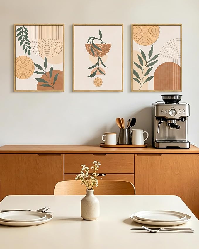 KUVIOKE Boho Wall Art Framed Canvas Botanical Mid Century Modern Wall Printing Neutral Abstract Geometric Prints Bohemain Sage Decor for Farmhouse Living Dining Room 12x16in (Natural Framed)