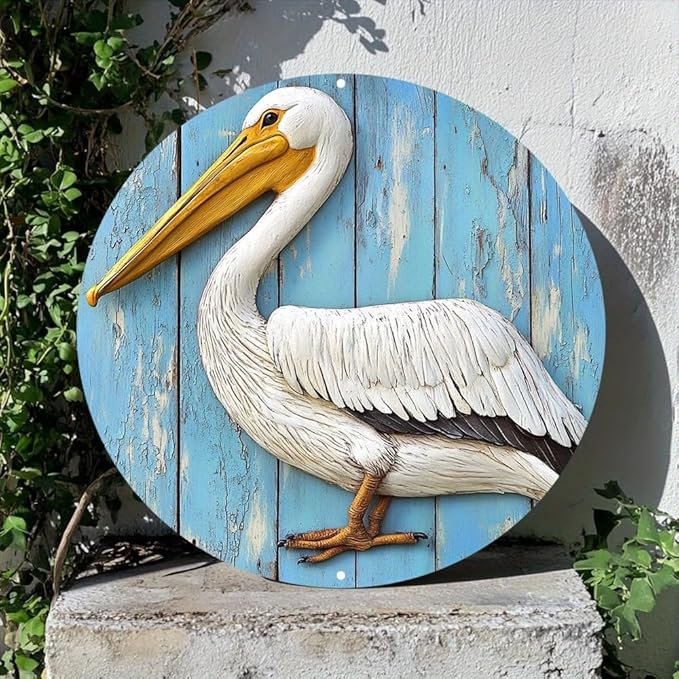 Aluminum Pelican Wall Decor Sign 8"x8" Waterproof Classic Style Faux Wood Carved Round Metal Art for Indoor OutdoorPatio DecorationIdeal for Spring Garland Accents.
