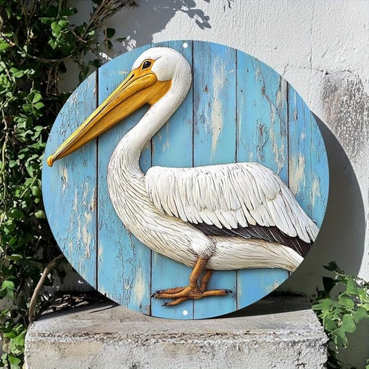 Aluminum Pelican Wall Decor Sign 8"x8" Waterproof Classic Style Faux Wood Carved Round Metal Art for Indoor OutdoorPatio DecorationIdeal for Spring Garland Accents.